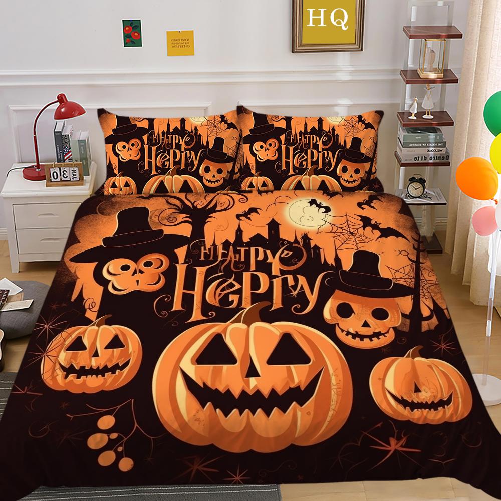 3D Halloween Home Bedding Set Pumpkin Ghost Quilt Cover Pillow Case 2/3 Pieces AU220 * 240 Full Size Soft and Easy To Clean Bedroom Decoration