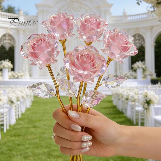 Exquisite Translucent Flower Colorful Rainbow Artificial Rose Flower, Faux Crystal Forever Preserved Transparent Pink Petals Eternal Gifts for Grandma