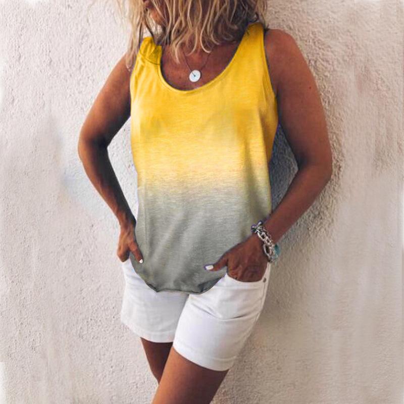 Women Casual Tank Tops Summer Beach Vest Gradient Color Cotton T-shirt Ladies Fashion O-neck Loose Blouse Lady Sleeveless Shirts Plus Size