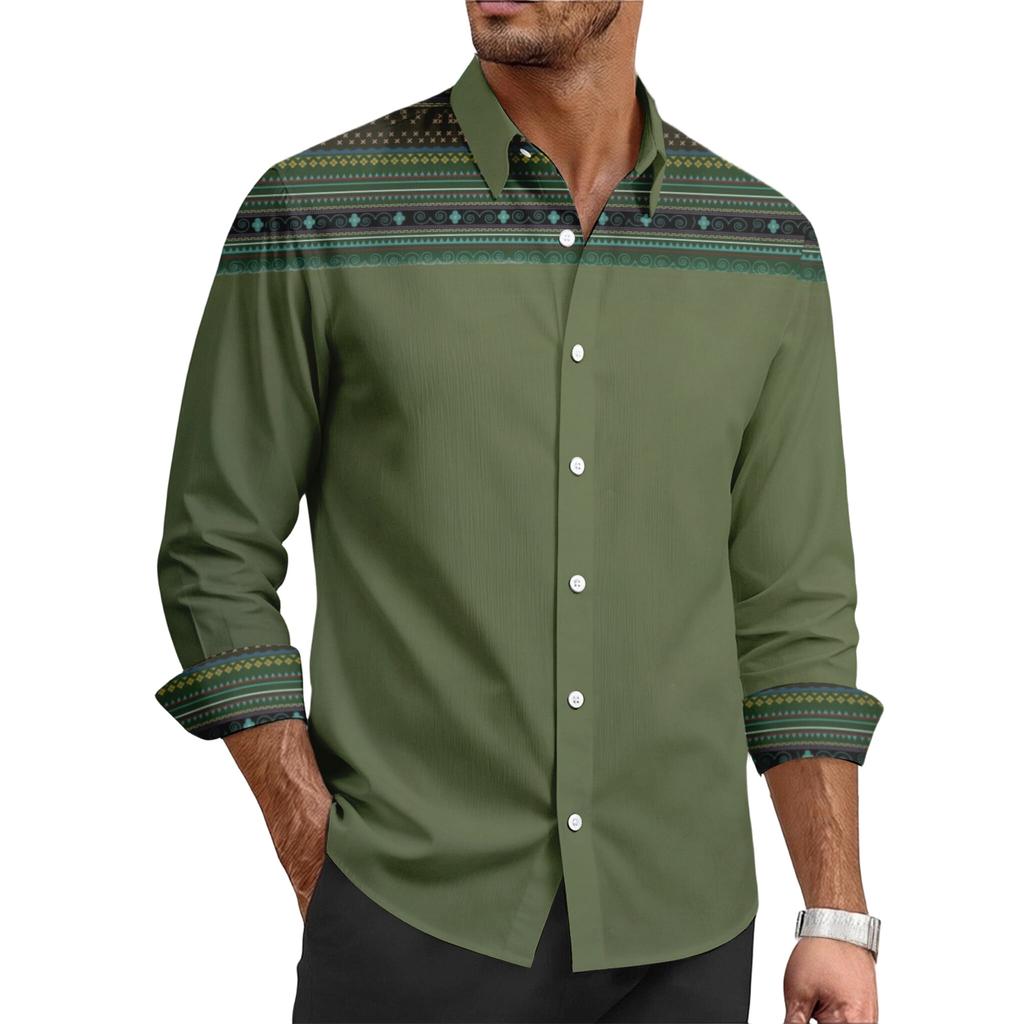 Herren Freizeit Hemd mit stilvollem Retro-Textur-Druck - Herren Langarm Oberteil mit Kragen und Knöpfen