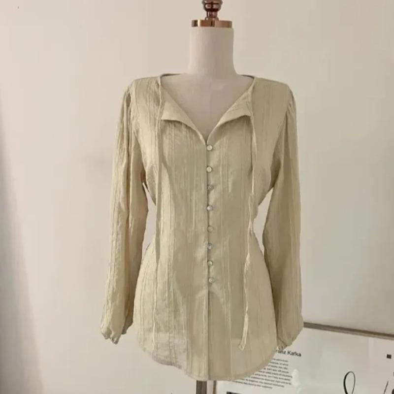 Korean Series Chic Chic Top Women Autumn French Sle Gentle Sweet Temperament Lapel Lace-up Waist Hugging Slimming Long Sleeve