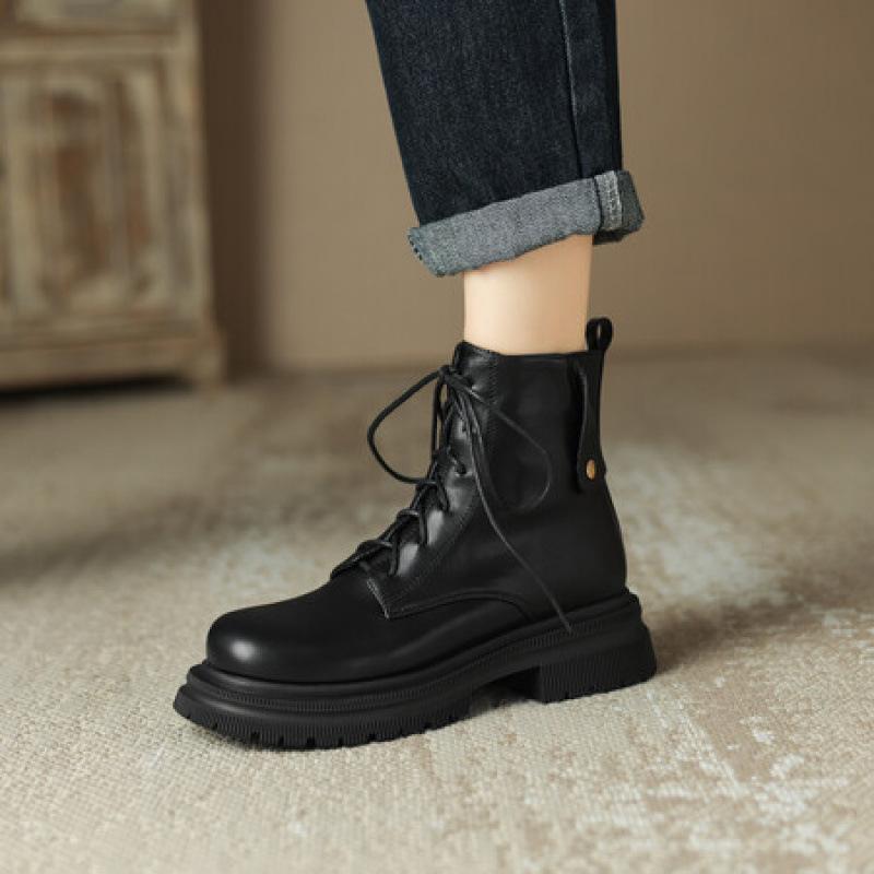 Damen Ritterstiefel für Herbst und Winter, vorne geschnürt, mittlerer Absatz, dicke Sohle, große Größen, quadratischer Absatz, runde Spitze, koreanische Version, einfarbig