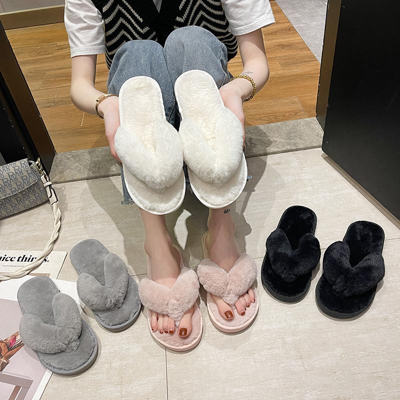 Fashion Women Fluffy Flip Flops Winter Outdoor Slippers Non Slip Flat Sandals Open Toe Large Size
