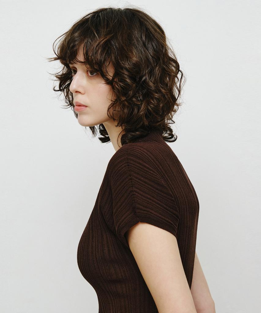 MONGDOL Wholegarment Half-Neck Pleated Knit Top Brown Mdkt107Brown