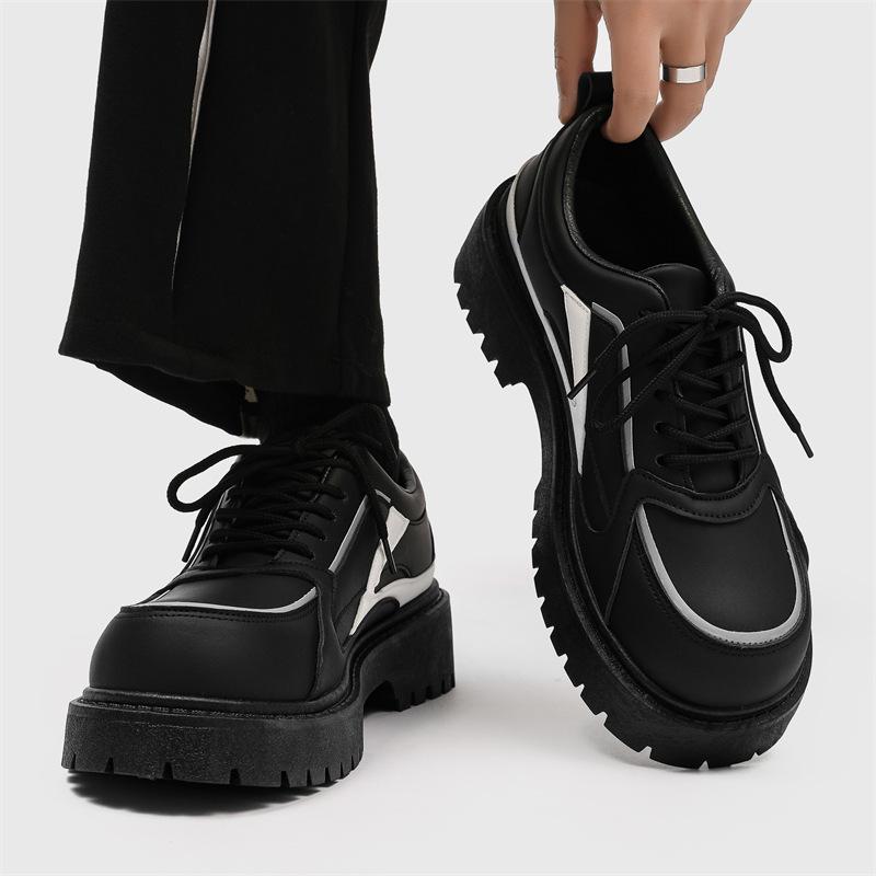 Men's Black Leather Height-Increasing Casual Shoes with Thick Sole - Korean Style Trendy Sneakers for All Seasons