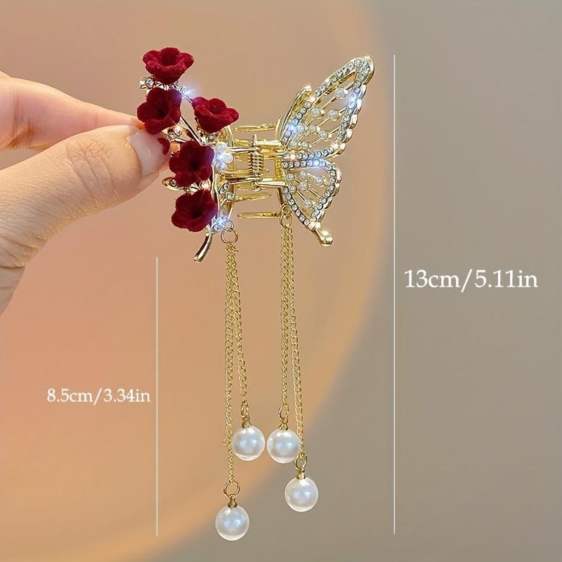 1pc Faux Pearl Tassel Hair Claw Clip Red Rose Jaw Clips Metal Shark Clips For Women Female Hair Styling Accessories