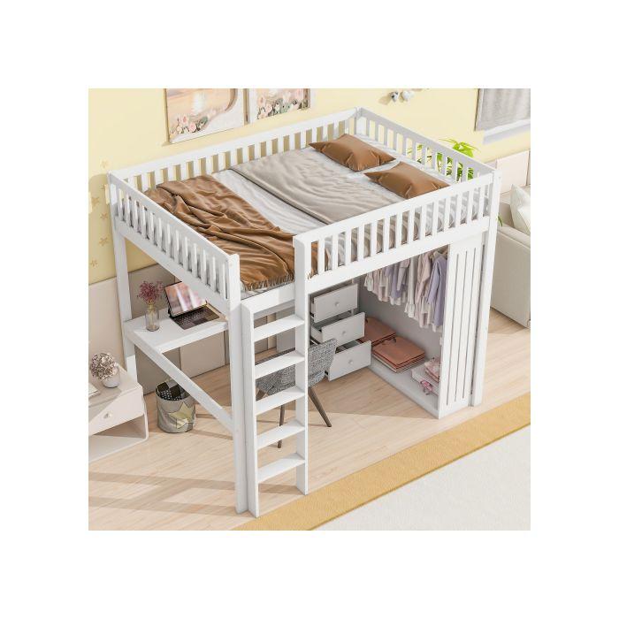 Beleuchteter Mezzanin, 140*200cm , Schreibtisch, Kleiderschrank, 3 Schubladen, Offenes Regal, Geländer, Treppe, Ohne Matratze, Weiß