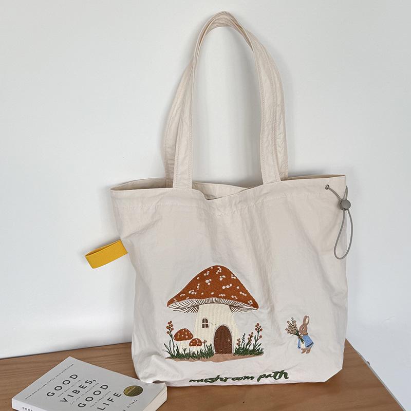 Cute Embroidery Drawstring Shoulder Bags for Women Large Capacity Versatile Ladies Tote Portable Student Girls Shopping Bag