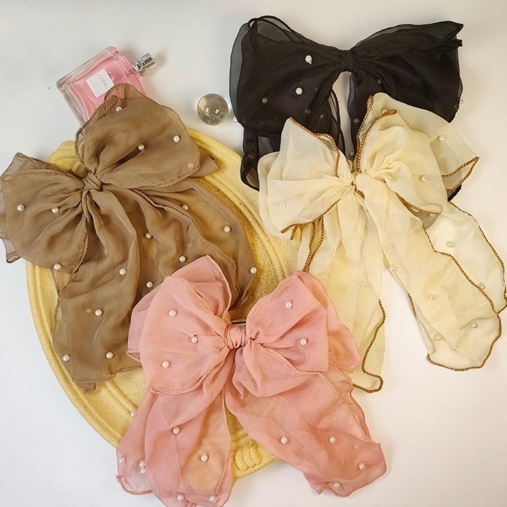 Pearl Decor Bow Hair Clip Sweet Ponytail Holder Fairy Style Sheer Organza Spring Clip Party
