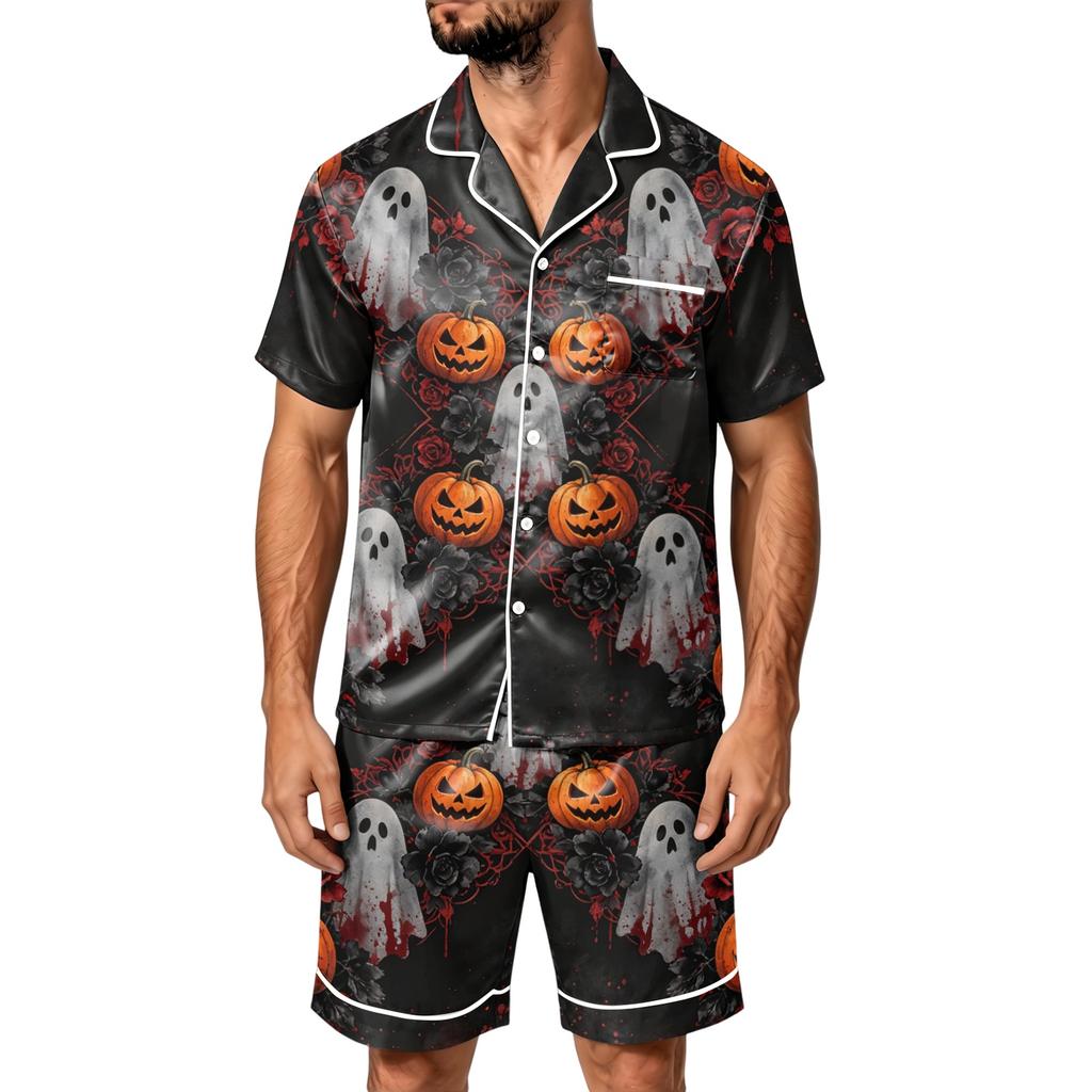 Men's Halloween Pajama Set Short Sleeve Striped Plaid Print Satin Two Piece with Pockets Loose Fit Sleepwear