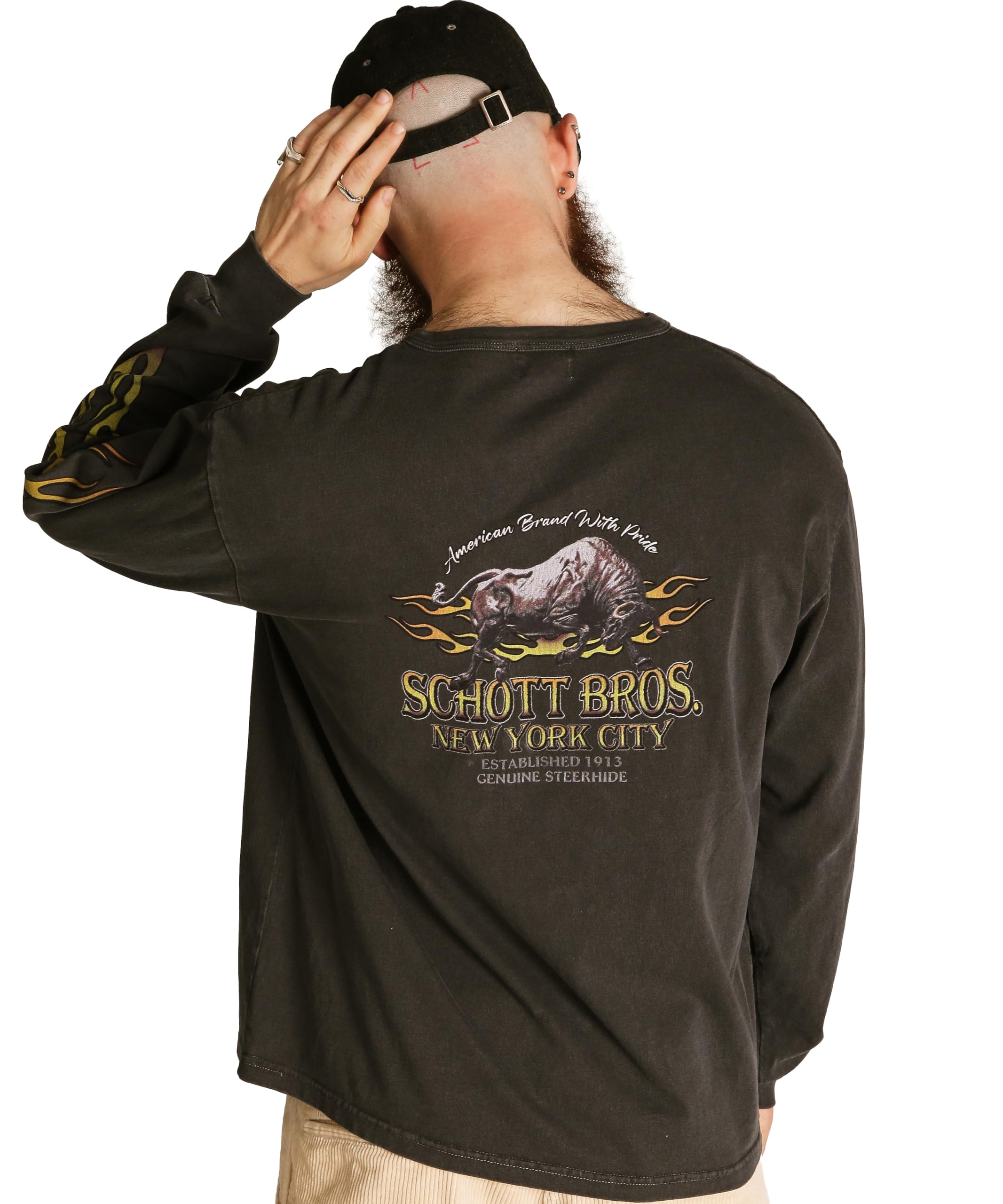 

Schott FIRE PTTERN HENLEY LS T-SHIRT, Fire Pattern Henley Neck Long Tee, Men s, Size M, 010, Black, 782-5230008