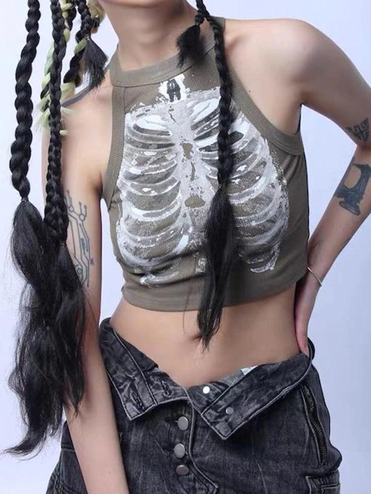Punk Aesthetic Cyber Retro X-ray Skeleton Print Rib Sleeveless Vest ArmyGreen Crop Top Designer Clothes Women 2024 Summer Emo