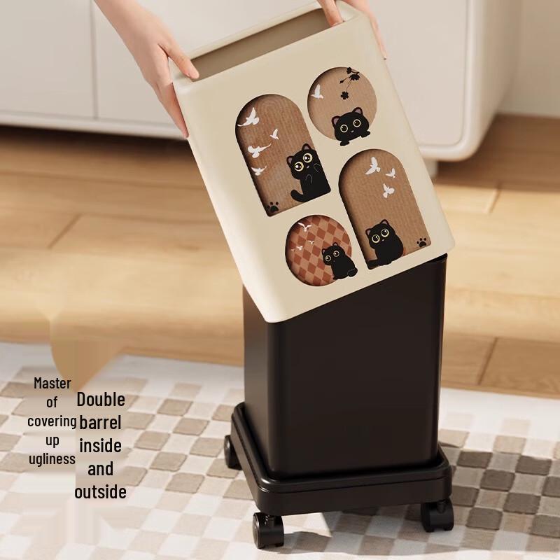 Cute Cat Square Trash Can with Universal Wheels, 13L