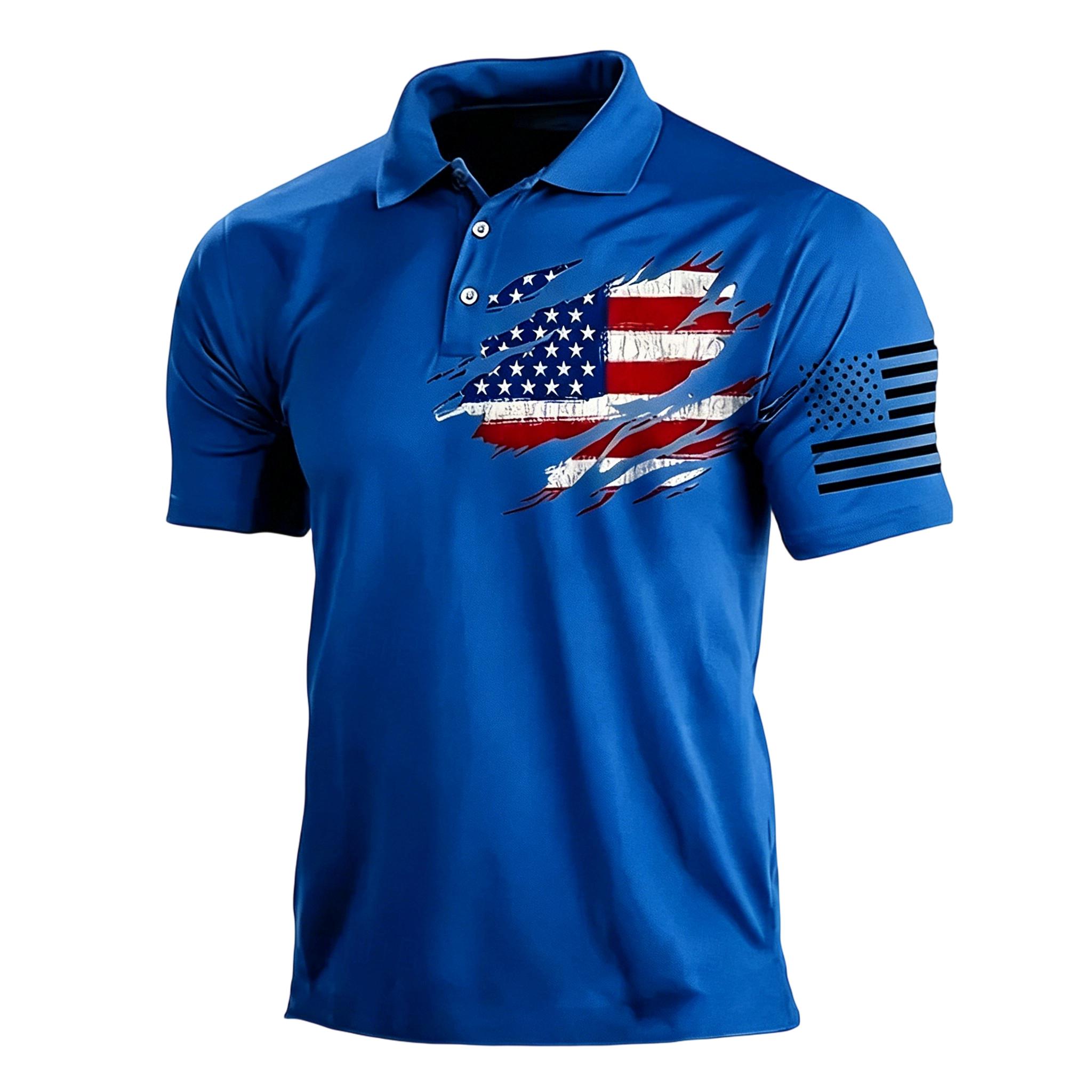 

Men’s Casual Polo Shirt Short Sleeve with Flag Print Turn Down Collar Classic Fit for Everyday Wear Outdoor Activities XXXL синий