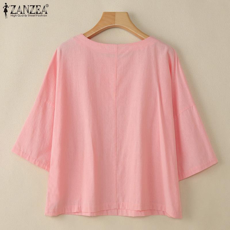 ZANZEA Women Casual Round Neck Solid Color 3/4 Sleeve Loose Blouse