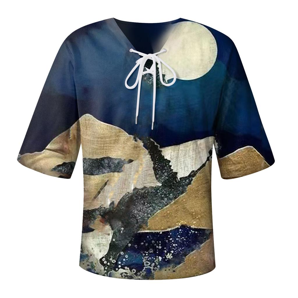 Men's Half Short Sleeve Cotton Linen V Neck Print Loose Shirts