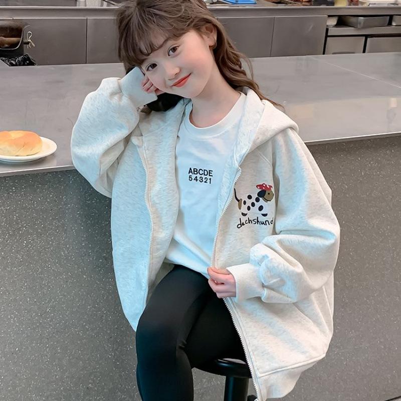 Girls Autumn Hooded Sports Jacket Loose Fit Casual Outerwear for Big Kids