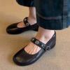 Sheepskin Version of the New French Flat-bottomed Leather Shoes Round Head Single Shoes Women's One-word Buckle Belt Black Light Mouth Mary Jane Shoes