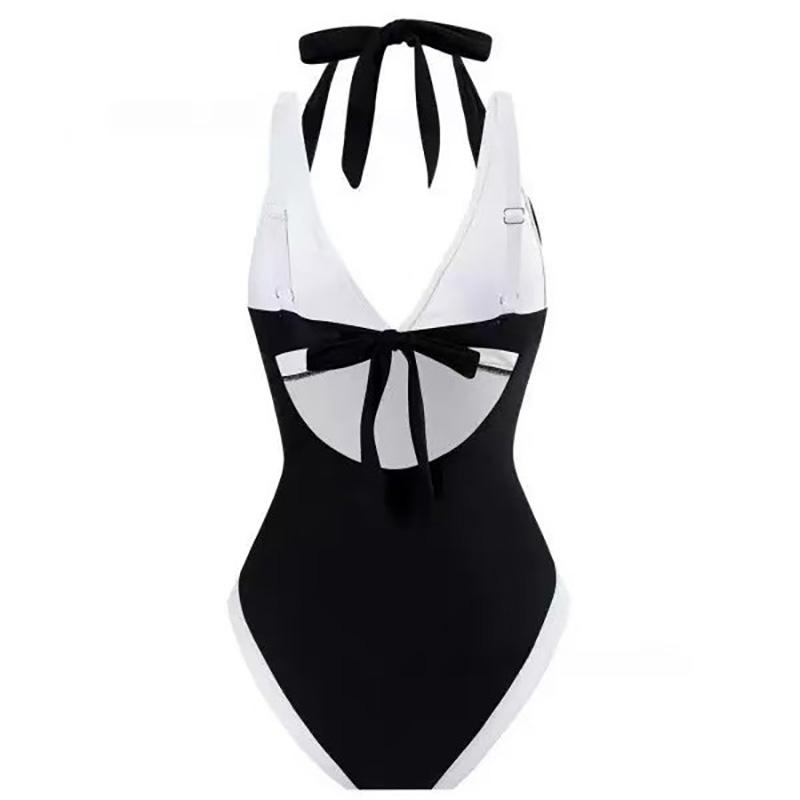 Women'S Sexy One Piece Swimsuit Solid Color Halter Ring Hollow Out Beachwear Swimsuit Fashion Pleated Halter Bikini Sets
