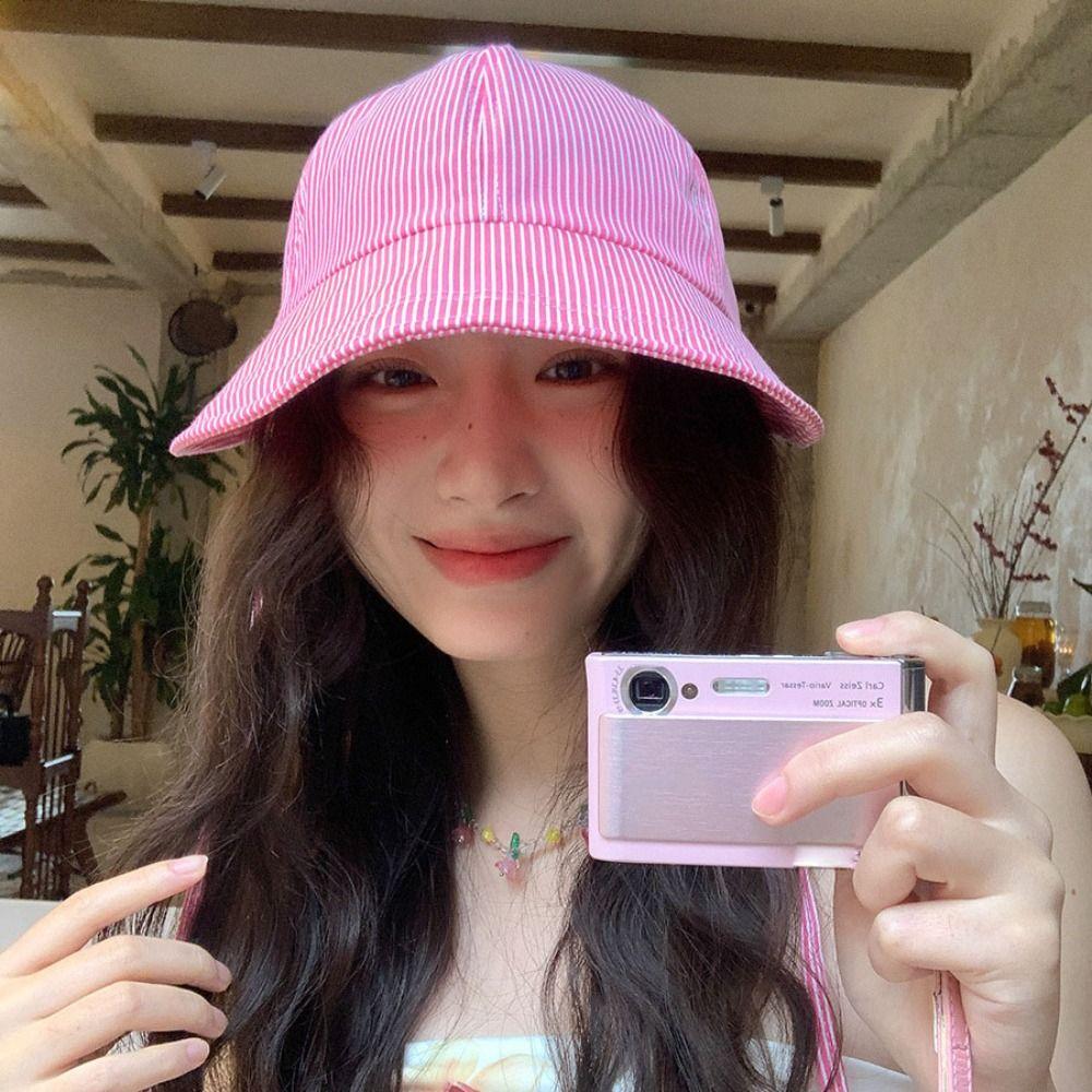 Wide Brim Striped Peaked Cap Drawstring Women Sun Hat Foldable Sunscreen Baseball Hat  Sports