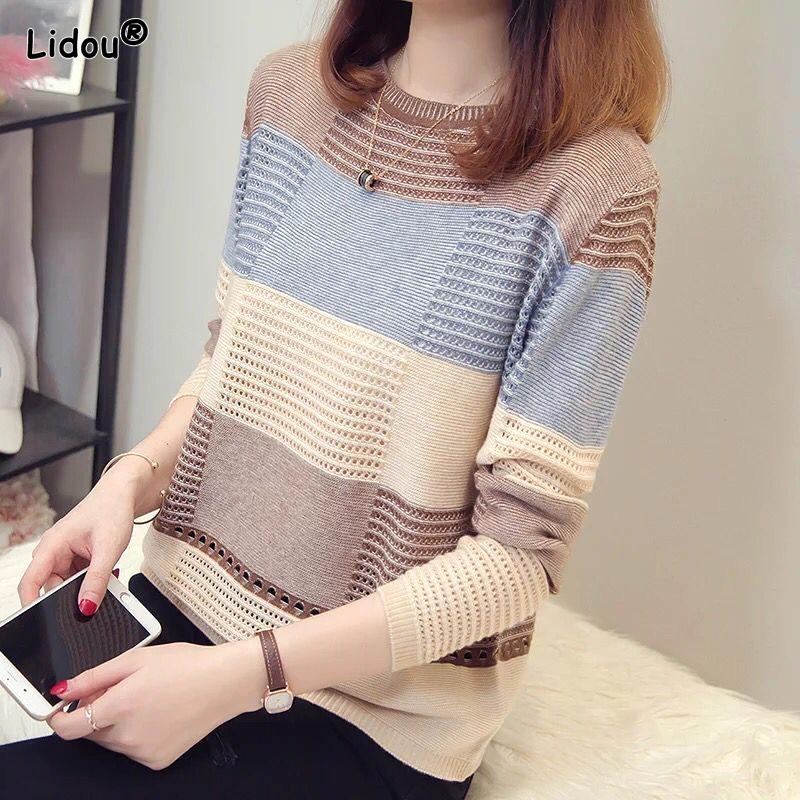 

Knitted T-Shirts O-neck Spring Autumn Patchwork Long Sleeve Casual Simple Elasticity Leisure Korean Women s XXXL кофейный