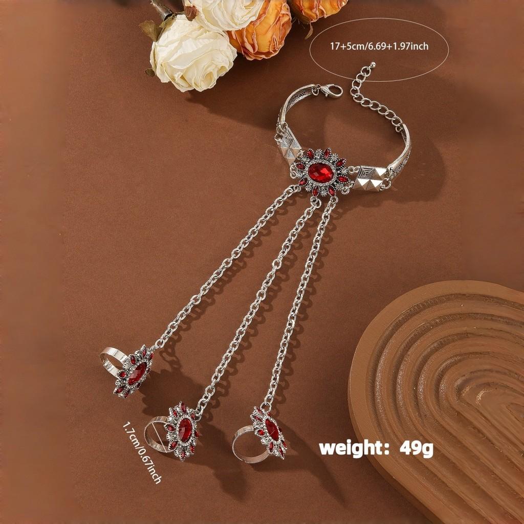 Retro Boho Style Alloy Water Drilled Flower Ring Hand Chain For Gift