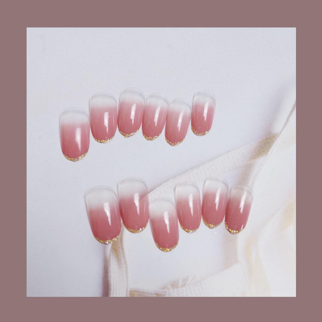 Nude Pink Pointed French Glitter Nail Stickers with Gold Edge - Waterproof and Removable.