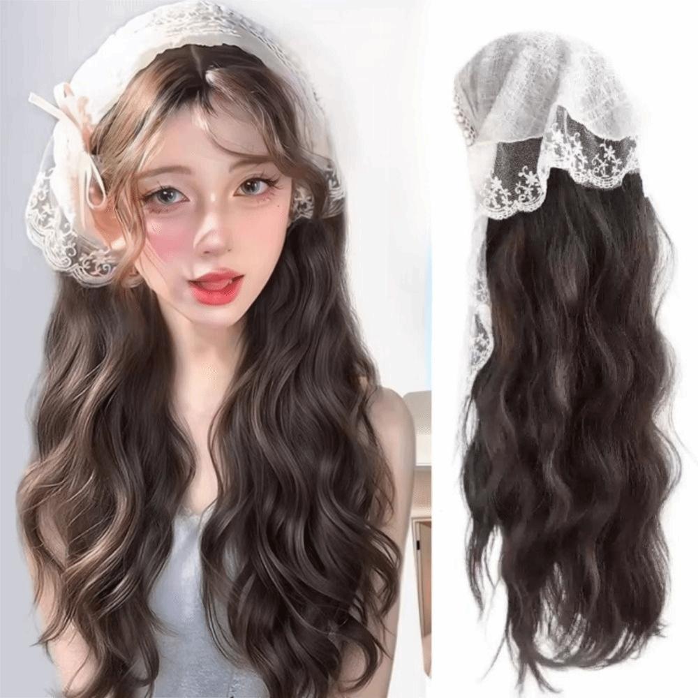 Floral Half Headband Wig Hair Scarf Long Wavy Hair Lace Headscarf Headband Wig  Party