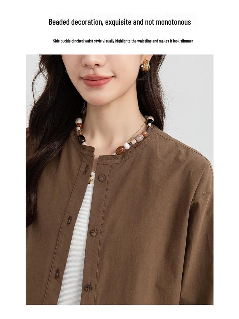 Xin Ge Cotton Loose Casual Long Sleeve Shirt with Beaded Collar