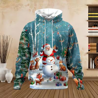 New In Sweatshirts Christmas Santa with Snowman Graphic Print Men's Cozy Drawstring Long Sleeve Pullover Sweatshirt Hoodie Tops