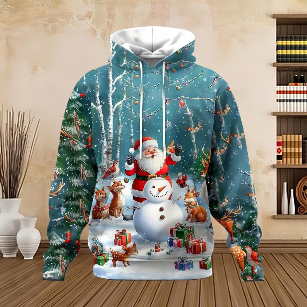 New in Sweatshirts Christmas Santa with Snowman Graphic Print Men's Cozy Drawstring Long Sleeve Pullover Sweatshirt Hoodie Tops