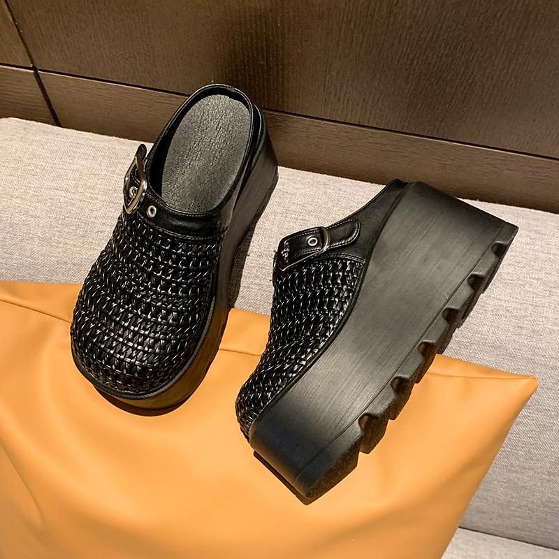 Fashion New Women's Platform Slip-On Sandals Thick Sole 8.5CM High Heels Summer Weave Leather Breathable Outdoor Walking Slippers