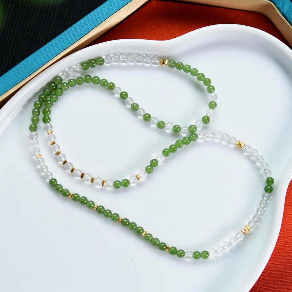 Hetian Jade & White Crystal Bracelet with 925 Silver Accents