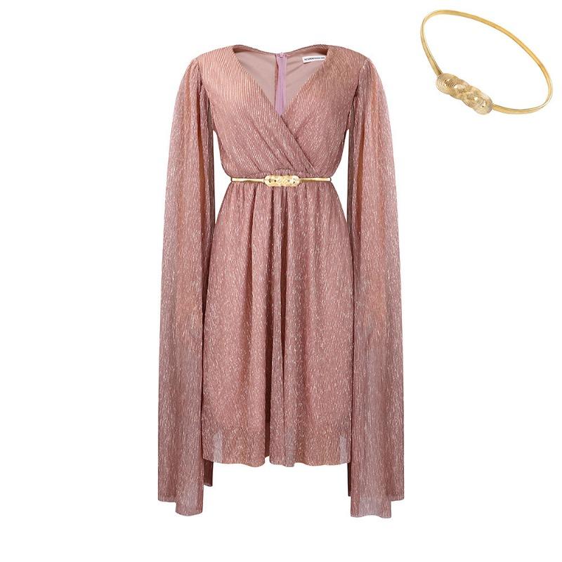 

С поясом женская одежда лето новая мода темперамент элегантное платье-кейп с V-образным вырезом XXXL розового золота