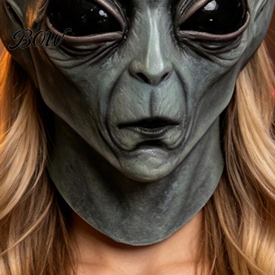 Detailed Alien Cosplay Accessory Halloween Grey Mask, Latex Full Head UFO Mask with Big Adult Costume Eyes, Soft Sci Fi Party Prop for Adults,