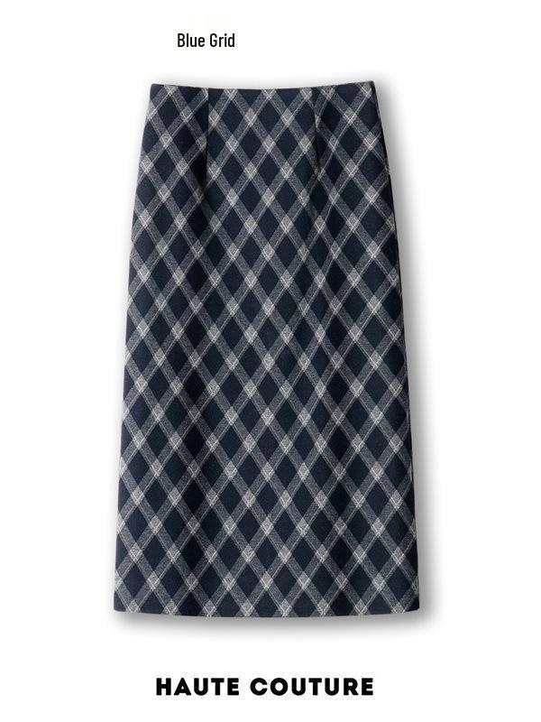 Women's Fashionable Retro Plaid Skirt - Autumn 2025 Style, Petite High Waist, Hip-Hugging Brown Slit Design
