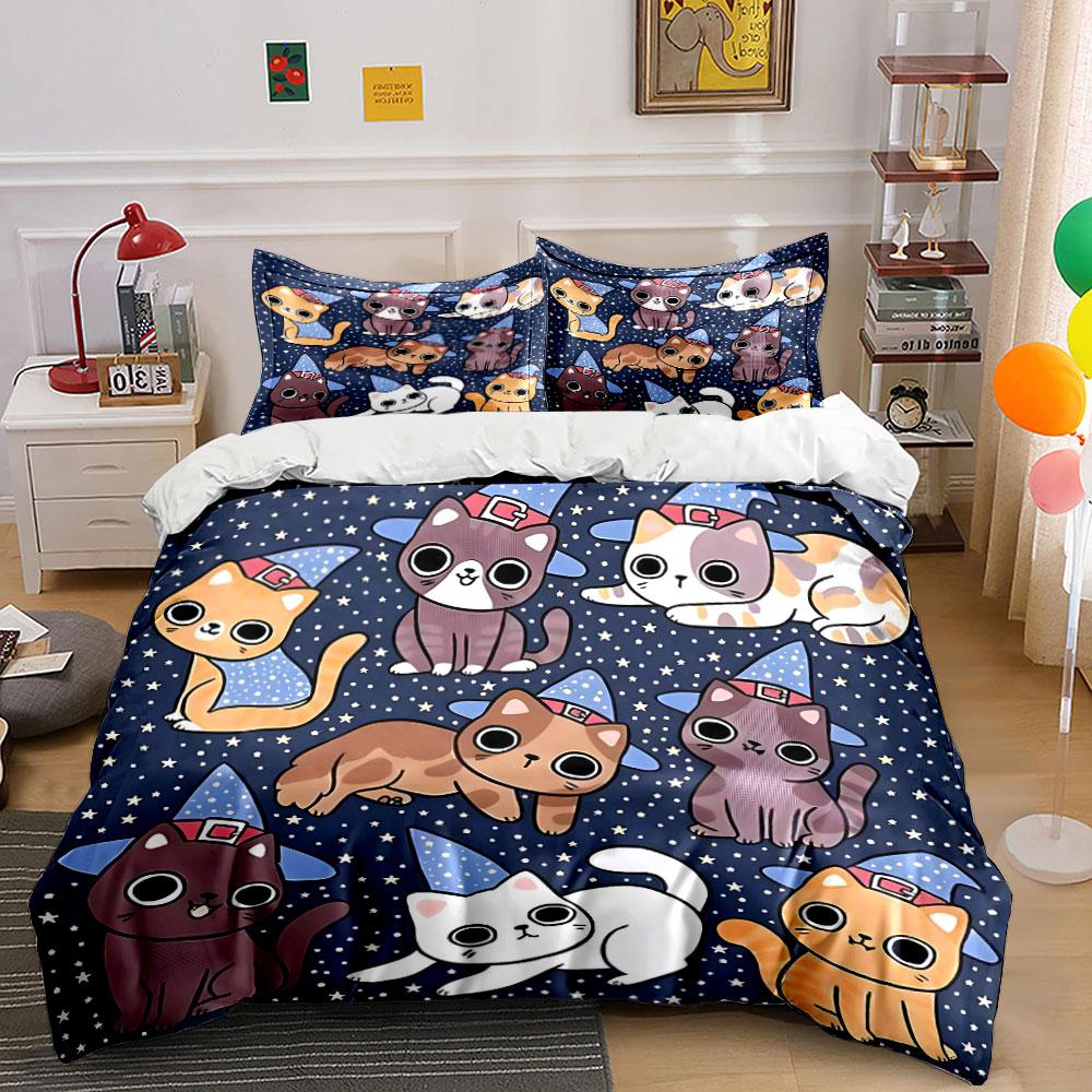 Cute Cartoon Cats Halloween Decor Bedding Set with 1 Duvet Cover 2 Pillowcases Single Double King Queen, Gift