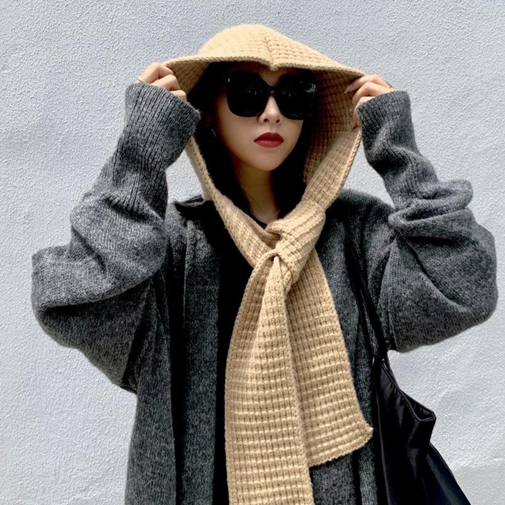 Knitted Hooded Caps Outdoor Hooded Scarf Winter Balaclava Hats Thicken Autumn Winter Neck Protector Headgear Solid Knit Beanies