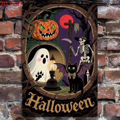 1pc 2D Flat Vintage Halloween Iron Sign - Spooky Jack-O'-Lantern/Witch/Skeleton/Black Cat Decor, Ideal for Living Room/Garden