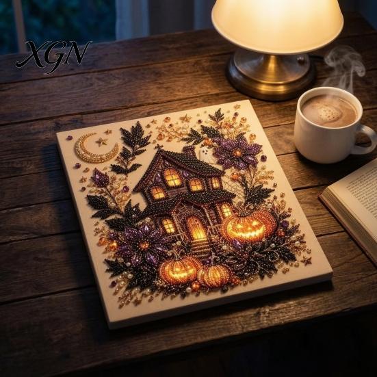 Interactive Parent Child Crafts Halloween Faux Pearl Art Kit, Pumpkin Ghost DIY Painting Theme Bead 3D Craft Set for Adults, Handmade Wall Stress