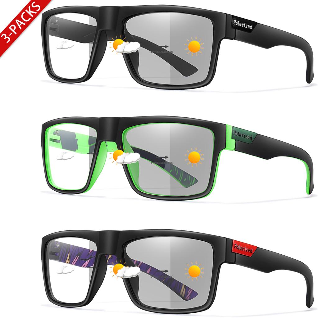 3-Pairs Classical Square Photochromic Sunglasses Outdoor Sports Cycling Running Driving Men Women Festival Party Wear Eyewear