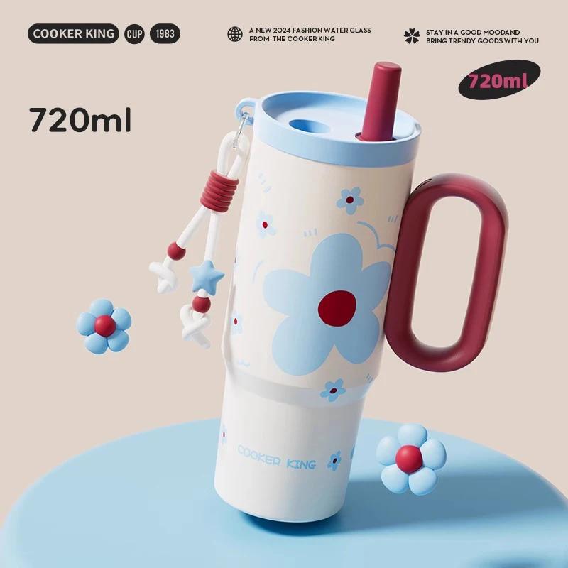 COOKER KING Stainless Steel Thermos Cup 720ML Insulated Water Bottle with Straw Leak-proof Car Vacuum Mug with Tea Strainer