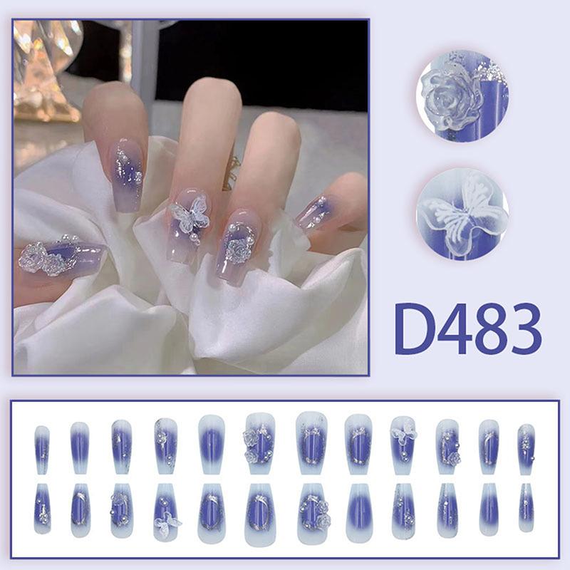 24Pcs Press On Nails Long With Designs Pink Rhinestones False Fake Nails Press On Artificial Nails