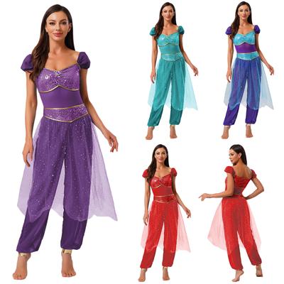 Womens Arab Princess Costume Contrast Color Gem Decor Sequined Tulle Overlay Sleeveless Jumpsuit Belly Dance Romper