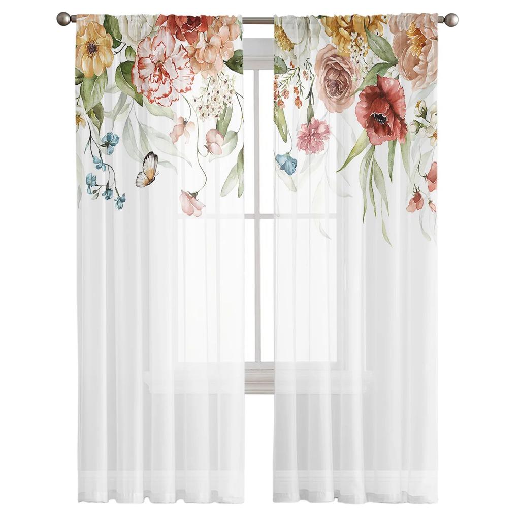 Spring Flower Rose Modern Tulle Curtains For Living Room Bedroom Home Kitchen Window Sheer Curtains