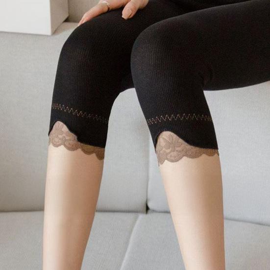 Women Cropped Leggings Elastic Tight Fit High Waist Lace Splice