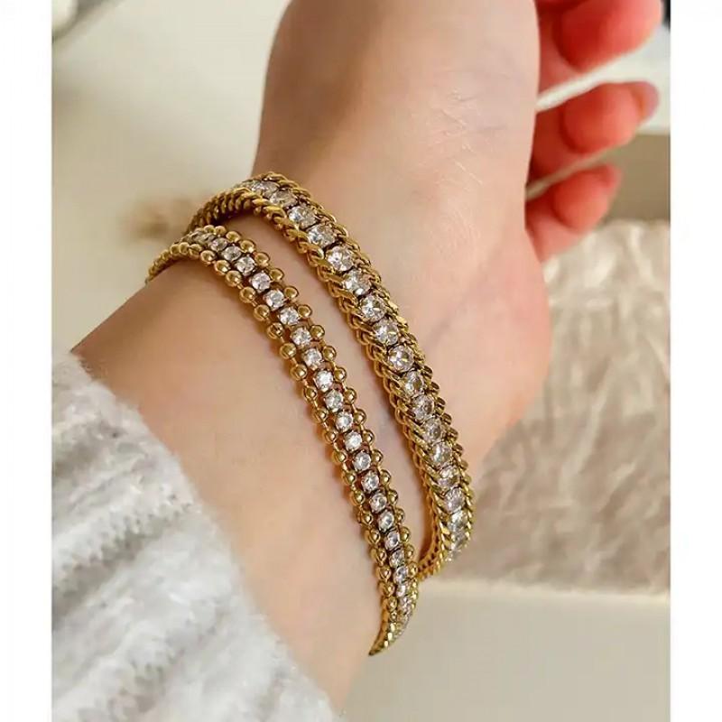 Geometric Double-Layer Gold-Tone Cubic Zirconia Bracelet Women Titanium Steel Hypoallergenic Lightweight Luxury Jewelry Gold
