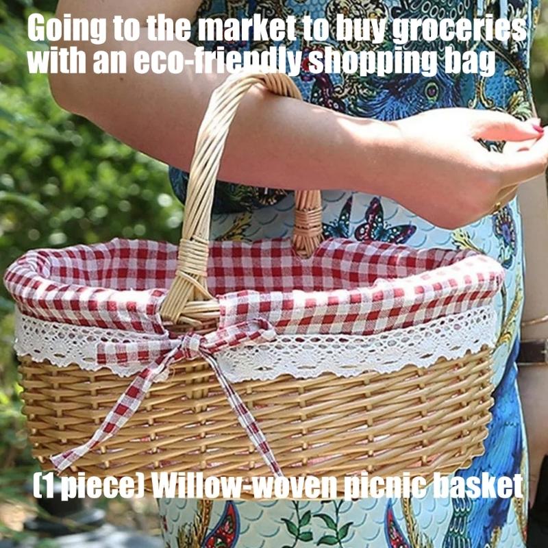 Praktischer Weidenkorb Einkaufskorb Obst Gemüse Brotbehälter mit herausnehmbarem und waschbarem Einsatz Outdoor Picknicktasche