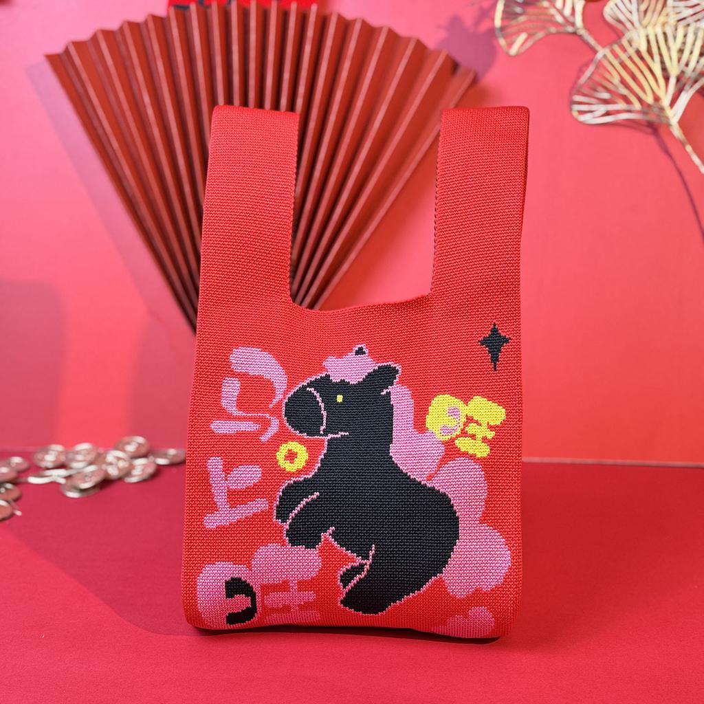 2026 Horse Year Cartoon Mascot Pony Knitted Gift Bag Handheld Candy Bag Mini Knot Wrist Bag Cute Tote Bag Reusable Shopping Bags