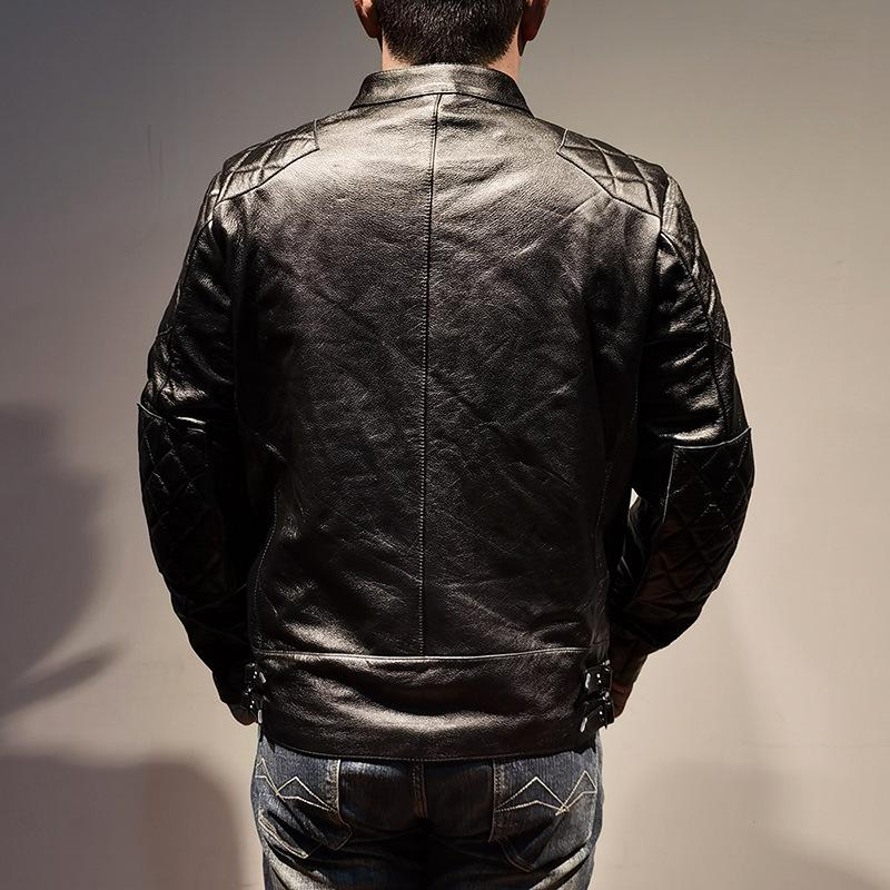 Męska kurtka ze skóry owczej, Kołnierz stojący, Skośny wzór rombów, Swobodny styl motocyklowy